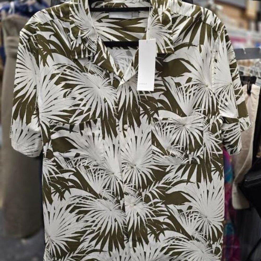 Men's NWT VINCE Green Short Sleeve Button Rayon/Cotton Blend Hawaiian Size Large